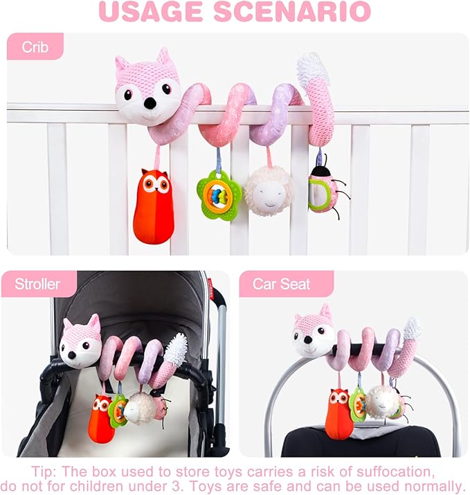 Jollybaby Baby Car Seat Stroller Toys, Plush Activity Hanging Spiral Activity Pram Crib with Music Box, Rattles, Squeaker for Babies Infant Boys Girls(Pink Fox)-CubbioJoy