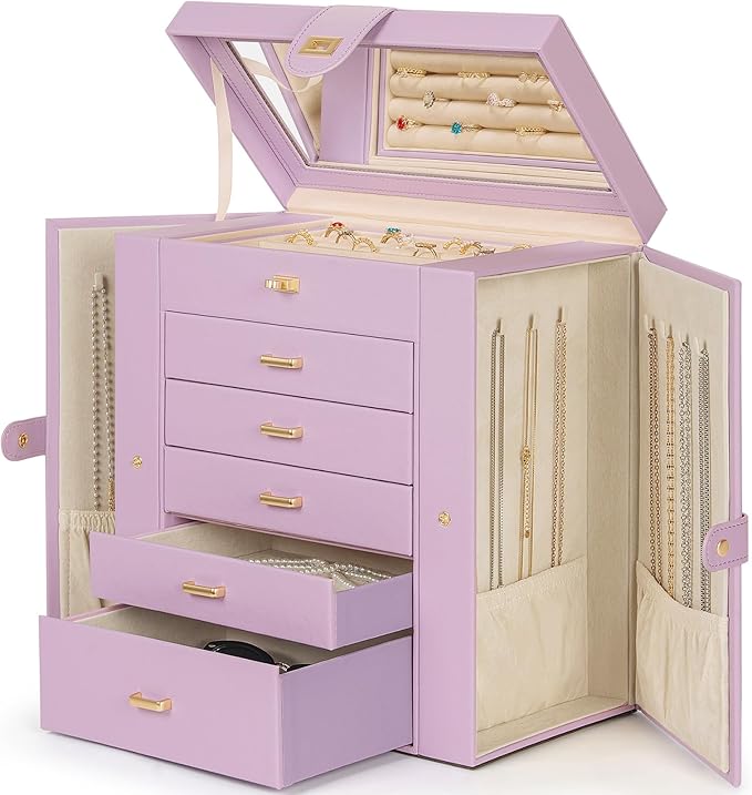 AKOZLIN Huge Jewelry Box Organizer Functional Large Leather Jewelry Storage Case for Women Girls Ring Necklace Earring Bracelet Holder Organizer with Mirror-CubbioJoy