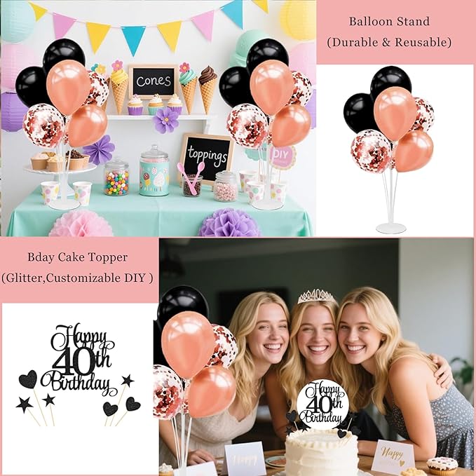 40th Birthday Decorations for Women - 56pcs Rose Gold Happy 40th Banner, 40th Birthday Crown Sash, Cake Topper, Number 40 balloons, 3D Butterflies, 4 Balloon Stands kits-CubbioJoy