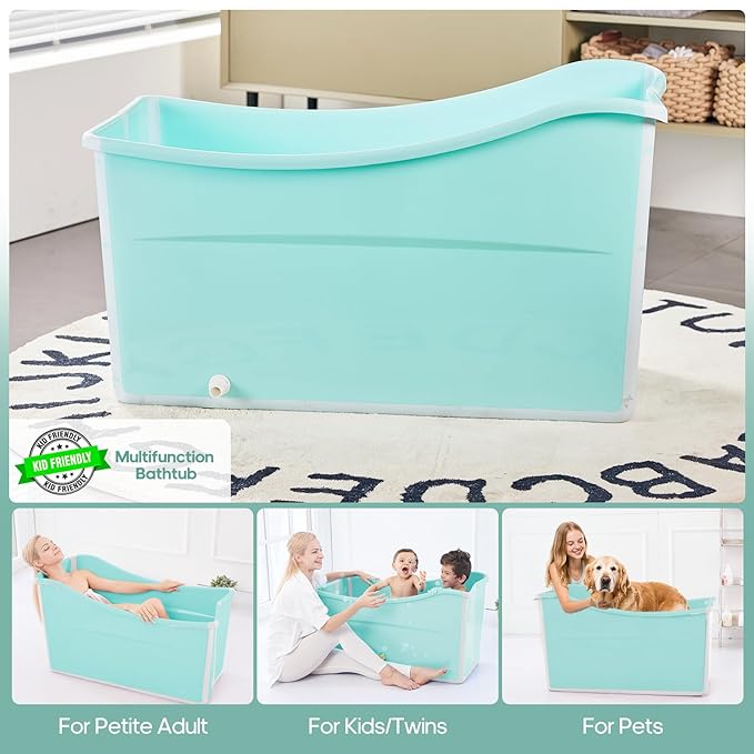 Collapsible Baby Bathtub Foldable Bathtub for Toddler Portable Large Foldable Bath Tub Bathtub for Kids Petite with Thermometer and Storage Basket (Green)-CubbioJoy
