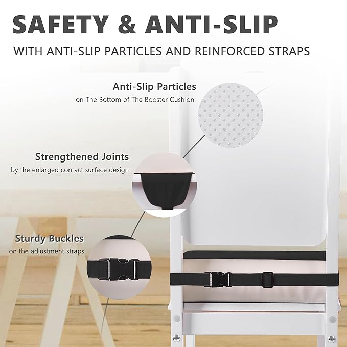 Booster Seat for Kitchen Chair with Adjustable Straps, Toddler Booster Seats for Dining Table Portable for Travel Camping Eating, Booster Cushion for Table for Baby Child Infant Kid Boy Girl-CubbioJoy