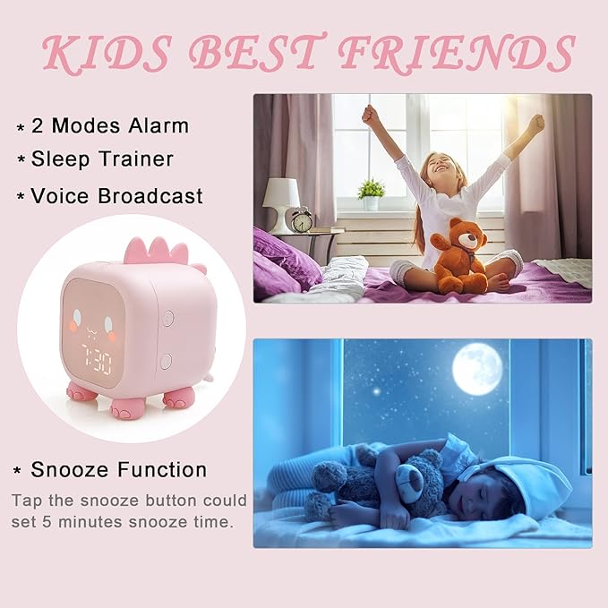 Alarm Clock Kids Dinosaur Alarm Clocks Girls Pink Digital Alarm Clock for Kids Girl Children with Night Light-CubbioJoy