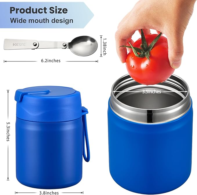 17oz Soup Thermo for Hot Food Kids,Insulated Food Jar with Spoon,Thermo Hot Food Lunch Container,Wide Mouth Leakproof Stainless Steel Lunch Box for School(Blue)-CubbioJoy