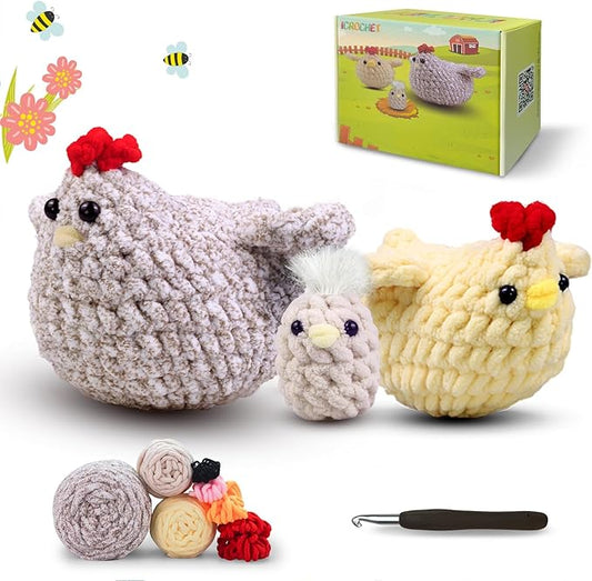 Crochet Kit for Beginners,Chicken Crochet Starter Kit with Step-by-Step Video Tutorials,Crochet Animal Kits for Adults Kids,Chicken Crocheting Set Complete Included-CubbioJoy