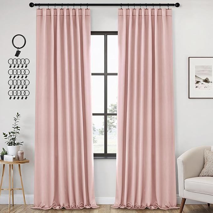 ANRODUO Light Pink Blackout Curtains for Girls Bedroom Living Room 96 Inches Long 2 Panels, Back Tab Rod Pocket Pinch Pleated Thermal Insulated Room Darkening Curtains, 42 x 96 Inch-CubbioJoy