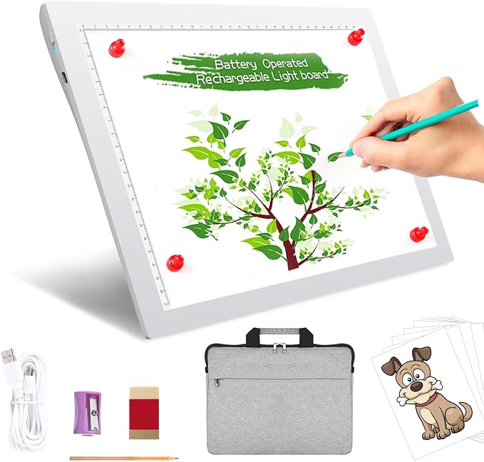 A4 Wireless Battery Powered Light Pad with Bag, TOHETO Tracing Light Box Dimmable Brightness Rechargeable LED Light Board Portable Cordless Copy Board for Drawing Sketching X-ray Viewing (White)-CubbioJoy