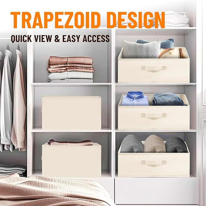 Criusia Closet Organizers Bins 4 Pack - Large Closet Shelf Organizer with Handles - Fabric Trapezoid Home Organization and Storage Baskets for Organizing Clothes Toy Blanket Towel Purse Hats-CubbioJoy