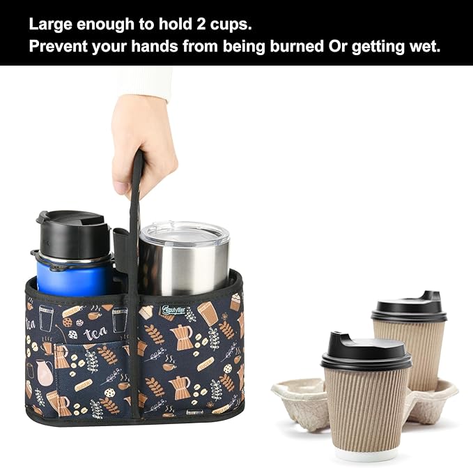 Beautyflier Drink Carrier with Handle for Delivery Reusable Insulated Coffee Cup Carrier Portable Cup Holder with Handle Organizer Tote Bag for Hot & Cold Drinks (2 Cup, Pattern3)-CubbioJoy