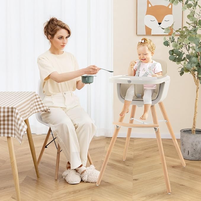 BABY JOY Convertible Baby High Chair, 3 in 1 Wooden Highchair/Booster/Chair with Removable Tray, Adjustable Legs, 5-Point Harness, PU Cushion and Footrest for Baby, Infants, Toddlers (Beige)-CubbioJoy