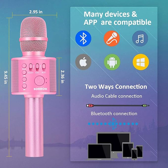 BONAOK Wireless Bluetooth Karaoke Microphone,3-in-1 Portable Handheld Karaoke Mic Speaker Machine Home Party Birthday for All Smartphones Q37 (P-Ink)-CubbioJoy