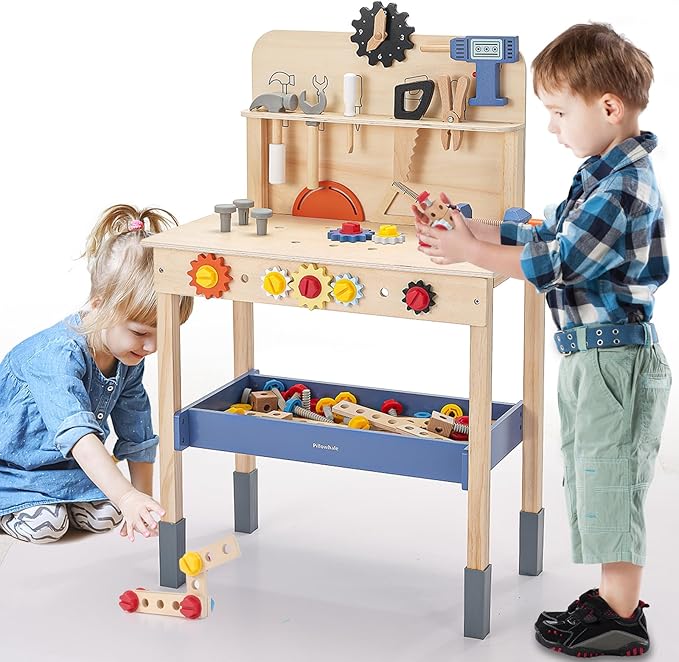 69‑Piece Wooden Kids Tool Bench – Montessori Toddler Workbench with Pretend Power Drill, Clock & Storage Shelf – STEM Construction Play Set for Boys & Girls Ages 3‑5-CubbioJoy