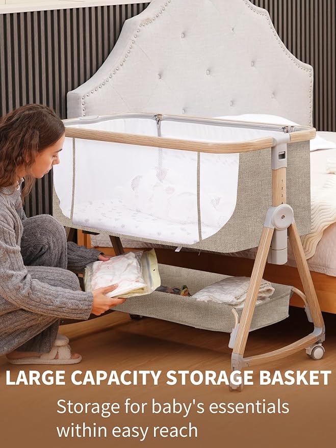 Baby Bassinet, Bassinet Bedside Sleeper with Waterproof Bassinet Sheets and Soft Mattress, Safe Adjustable Height Bedside Bassinets with Wheels, Girl/Boy Bassinets, Khaki-CubbioJoy