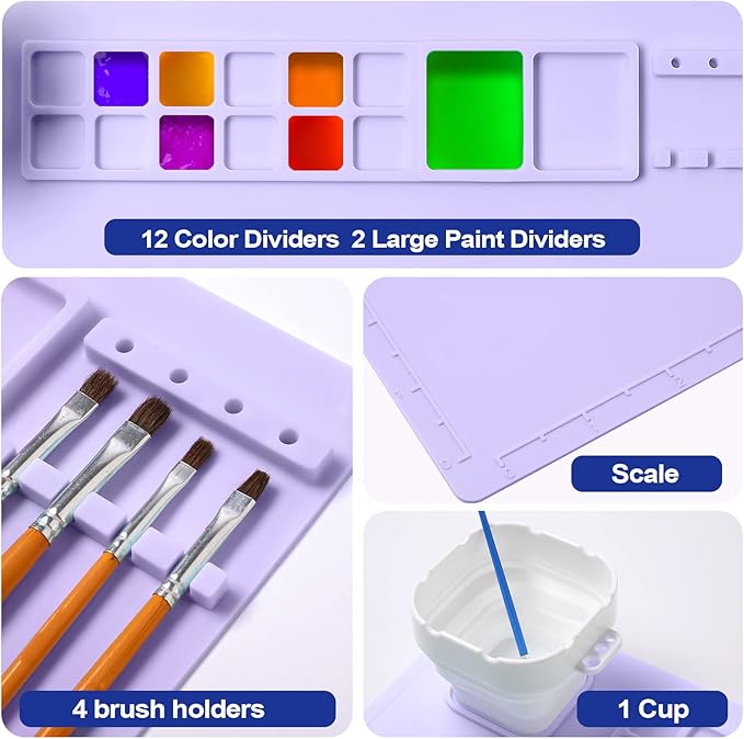 AWOKE Silicone Painting Mat - 20"X16" Silicone Art Mat with 1 Water Cup for Kids - Craft Mat has12 Color Dividers - 2 Paint Dividers (Purple)-CubbioJoy