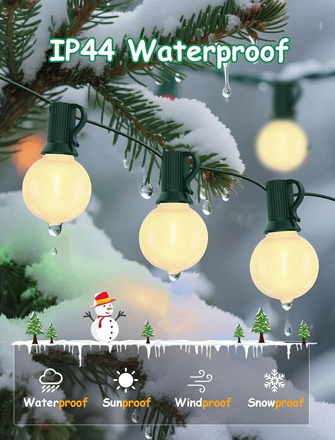 25Ft Outdoor Christmas Lights, Dimmable G40 LED Patio String Lights with 27 Frosted White Globe Bulbs, Green Wire Outdoor Christmas Decorations Lights Waterproof for Wedding Party Porch Backyard-CubbioJoy
