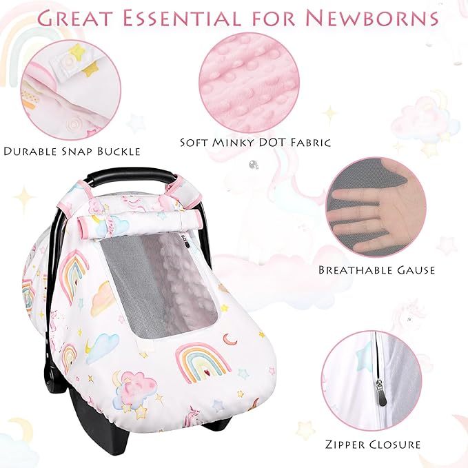 Baby Carseat Cover Girls, Pea Pod Unicorn Infant Car Seat Covers Canopy for Newborn with 2 Layers Windows of Breathable Mesh/Fabric, Lightweight Polyester/Minky Dot Backing, Snug Fit-CubbioJoy