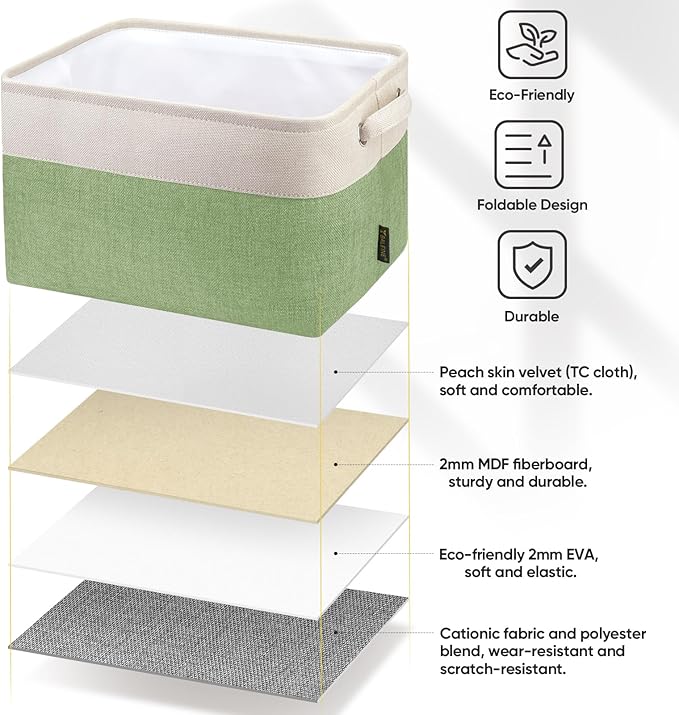 BALEINE 3 Pack Fabric Storage Bins for Shelves, Linen Storage Baskets for Organizing, Decorative Closet Bins for Clothes, Home (Green, 12"x8"x8")-CubbioJoy