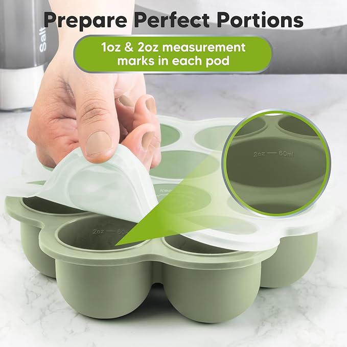 KeaBabies Silicone Food Freezer Trays with Lid, 2oz x 10 Pods Baby Food Storage Containers, Easy Puree Meal Prep, Breast Milk Silicone Freezer Molds, Dishwasher, Microwave Safe, BPA-Free (Sage)-CubbioJoy
