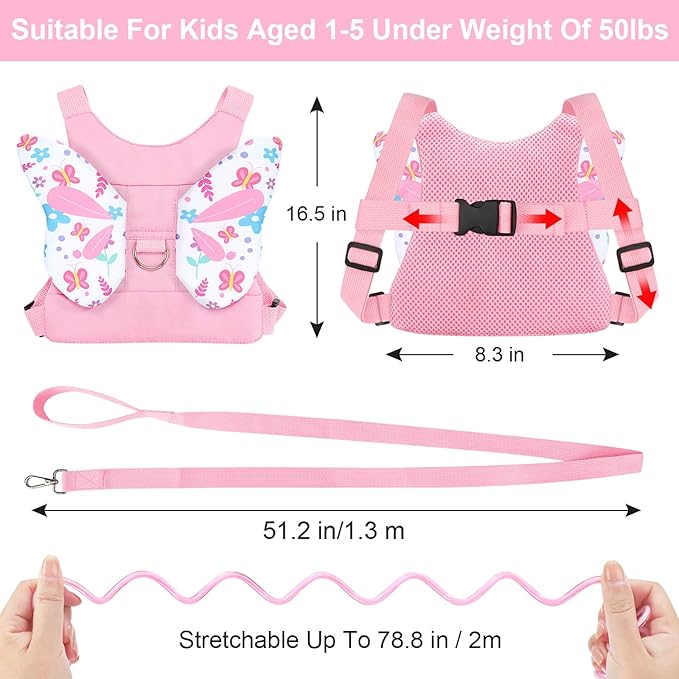 Accmor Toddler Harness Leash, 3 in 1 Cute Butterfly Kids Leash + Anti Lost Wrist Link for Outdoor Travel, Adorable Child Walking Harness Wristband Assistant Strap Belt Protector for Baby Girls (Pink)-CubbioJoy