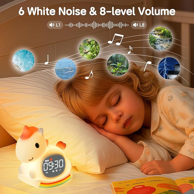 Cute Alarm Clock for Kids with Night Light, Sleep Training Clock Time to Wake Clock, Rechargeable Silicone Light for Bedroom, Perfect Sleep Companion for Boys Girls, Pink Pony-CubbioJoy