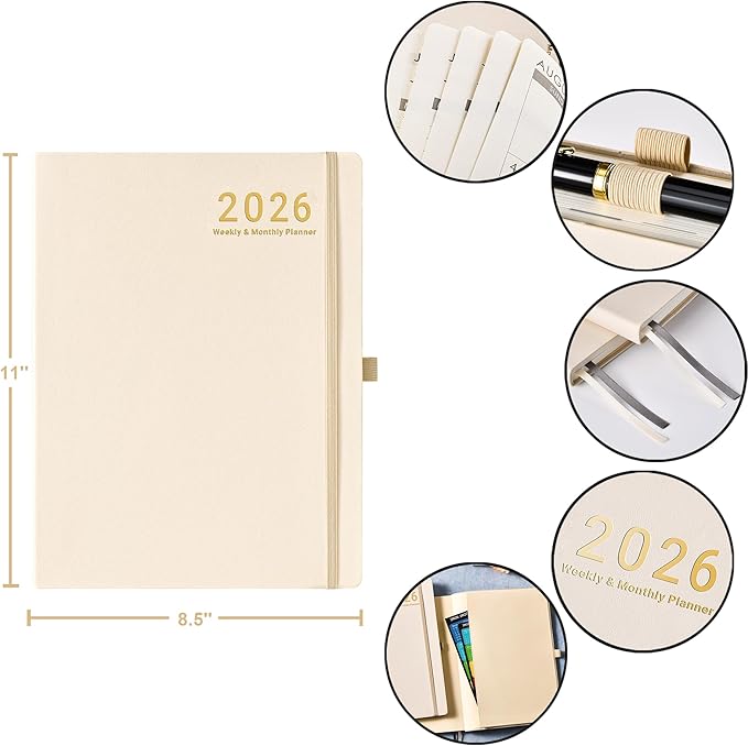 2026 Planner - JAN 2026 - DEC 2026, Planner 2026, Weekly and Monthly Planners, Leather Cover Planners with Thick Paper, Back Pocket with Notes Pages, Seashell Gold (8.5" x 11")-CubbioJoy
