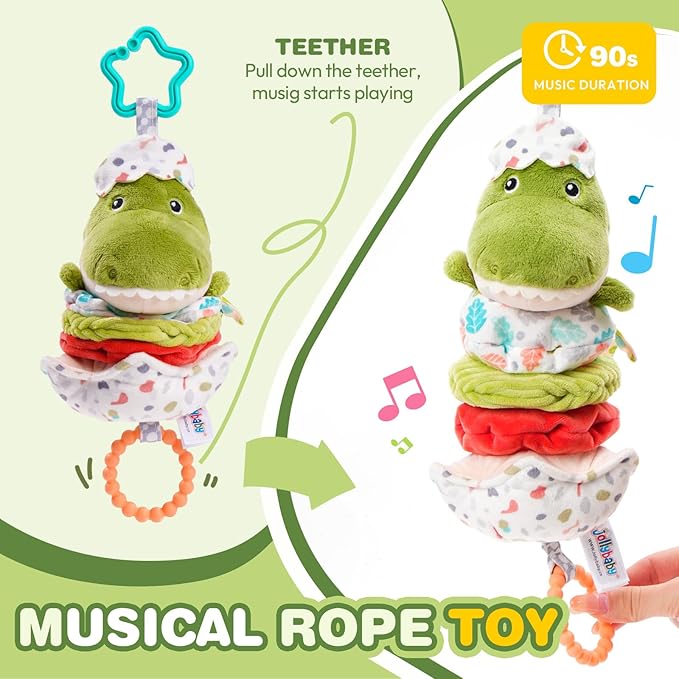 Jollybaby Baby Musical Pull String Hanging Toy for Stroller Car Seat Crib Play Gym, Plush Stuffed Dinasour Toy for Carseat with Music Teether Crinkle Paper, Sensory Toy for 0-6-12-18 Months Baby Gift-CubbioJoy