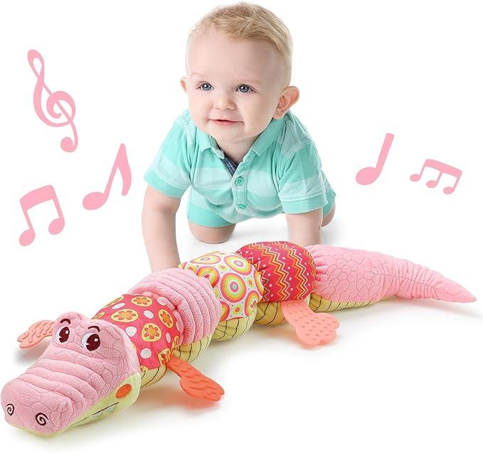 LIGHTDESIRE Baby Toys Musical Crocodile,Infant Toys Stuffed Animals Toy with Ruler Design and Ring Bell,Baby Teething Toy for Tummy Time Newborn Boys Girls 0 3 6 12 Months(Pink)-CubbioJoy