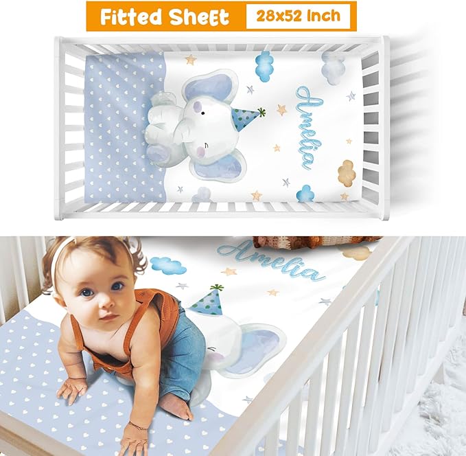 Custom Crib Bedding Set - Elephant Design Personalized Name Baby Nursery Bed 3 Pcs Set - Chic Soft Blanket with Dotted Backing, Sheet, Pillowcase for Newborn Girls Boys Gifts Color18-CubbioJoy