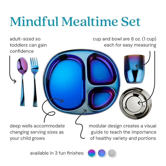 Ahimsa Stainless Steel Kids Dinnerware Set - 5 Piece Stainless Steel Toddler Plates and Bowls Set, Pediatrician Designed, Plastic Free Toddler Plate and Bowl, Kids Utensils and Cup (Blue)-CubbioJoy