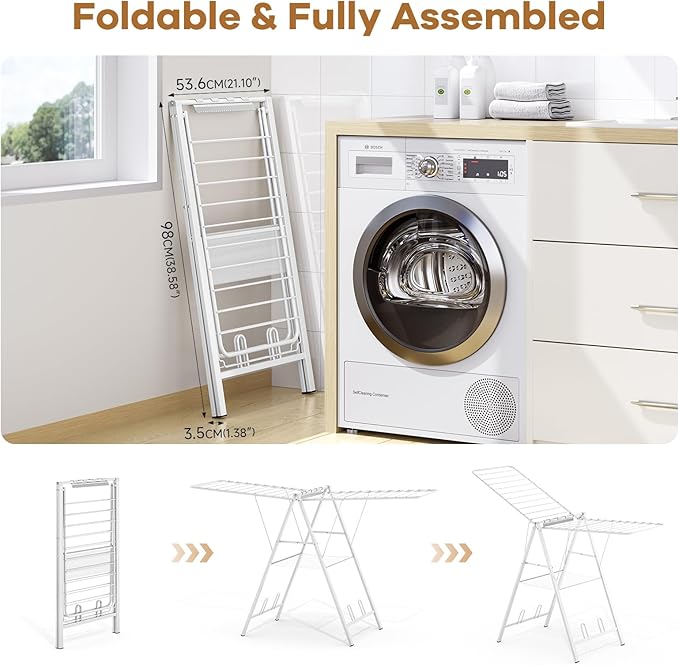 APEXCHASER Drying Rack for Clothing Foldable, Metal Laundry Rack Collapsible, Ultra Thin Gullwing Clothes Airer with Adjustable Height for Towel Baby Clothes Indoor Outdoor Laundry Room, White-CubbioJoy