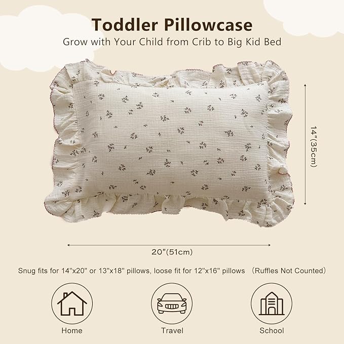 BuLuTu Cotton Muslin Kids Toddler Pillowcase with Ruffles, Chic Shabby Floral Pillow Cases, Girls Pillow Covers Fit 12"x16"/13"x18"/14"x19" Kids Pillow, Envelope Closure, Primrose Pattern, 1 Pack-CubbioJoy