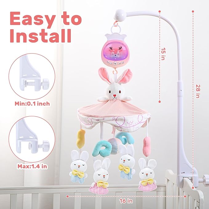 Baby Crib Mobile for Girls with Music, Lights & Projection, Adjustable Volume, 360° Rotating Plush Crib Toys with Detachable Musical Box, Hanging Mobile for Crib, Nursery Decor-CubbioJoy
