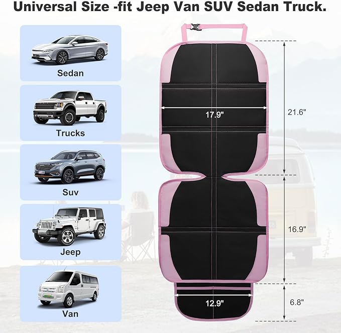 Child Car Seat Protector, 2 Pack with Mesh Pockets & Non-Slip Backing, 600D Durable (Pink, Standard)-CubbioJoy