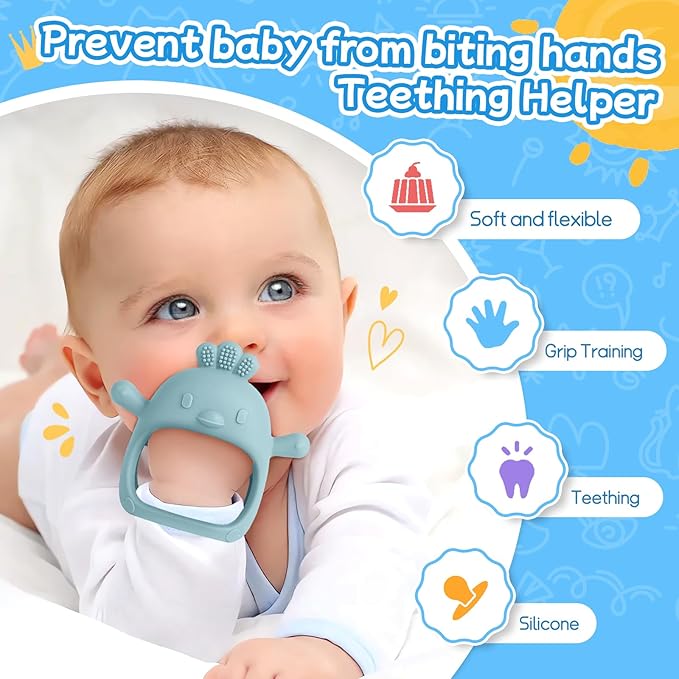 Baby Teething Toys(5 Pack) - Tinabless Infant Teething Keys&Silicone Teething Mitten for Babies Over 3 Months, BPA-Free, Natural Organic Freezer Safe for Infants and Toddlers(Blue)-CubbioJoy