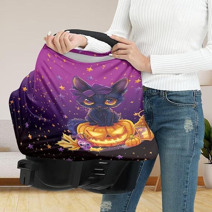 Binienty Black Cat Car Seat Covers for Babies Galaxy Pumpkin Cats Moon Nursing Covers Stretchy Breastfeeding Scarf Multi Use Carseat Covers for Stroller-CubbioJoy