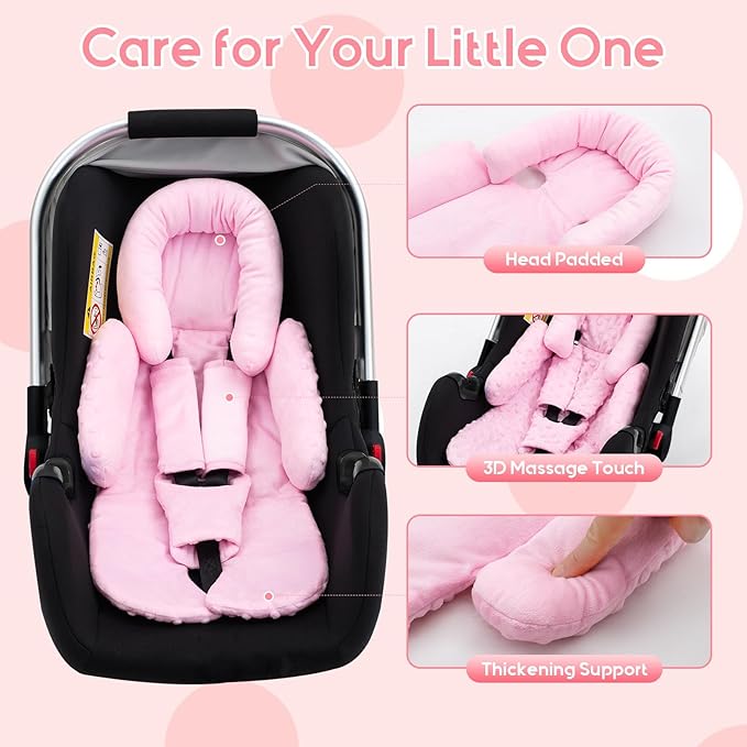 Infant Car Seat Insert with 3 Shoulder & Crocth Covers, Thickened Carseat Head and Body Support for Infant, Reversible Baby Car Seat Cushion for Boys Girls, Soft Mink Dot Newborn Insert for Preemie-CubbioJoy