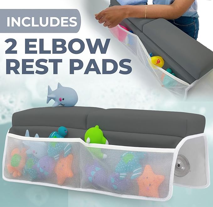 Comfortable Baby Bath Kneeler and Elbow Rest Pad Set – Thick Memory Foam Bath Kneeling Pad with Elbow Support – Baby Bathtub Cushion with Toy Organizer for Bathing Infant or Toddler - Dark Grey-CubbioJoy