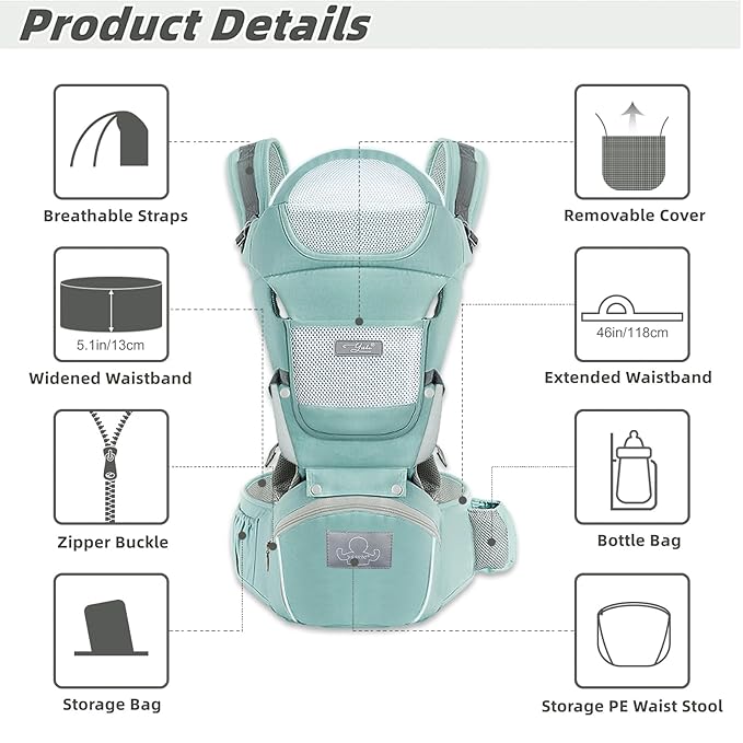 Baby Carrier Ergonomic Infant Carrier with Hip Seat Kangaroo Bag Soft Baby Carrier Newborn to Toddler 7-45lbs Front and Back Baby Holder Carrier for Men/Women Dad Mom-CubbioJoy
