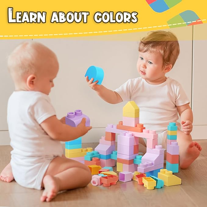 45 Pcs Soft Building Blocks for Toddlers 18M+, BPA - Free Sensory Toys, Montessori STEM DIY Construction Bricks, Safe Teething & Early Learning Toys, Creative Building Set for Baby Kids-CubbioJoy
