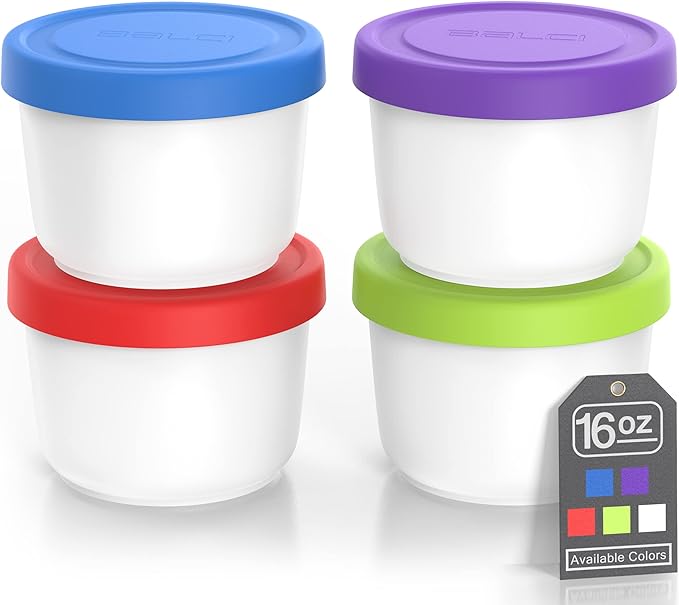 BALCI - 16oz Ice Cream Containers with Silicone Lids (Set of 4) - 1 Pint Each Freezer Food Storage Containers, Reusable, LeakProof, For Homemade IceCream Containers - Blue, Red, Green, Purple-CubbioJoy