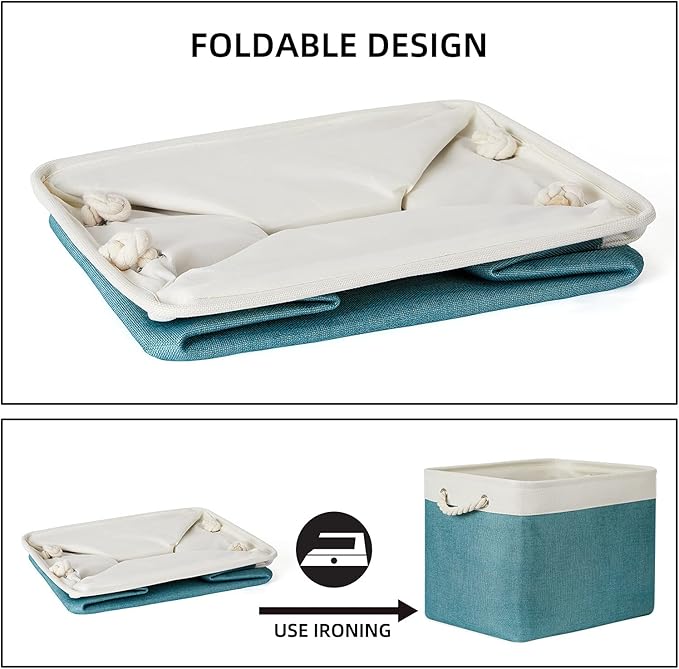 Bidtakay Foldable Storage Bins Set of 2 Tall Cloth Baskets 16" X 11.8" X 11.8" Decorative Organizers for Linen Closet (White & Teal)-CubbioJoy