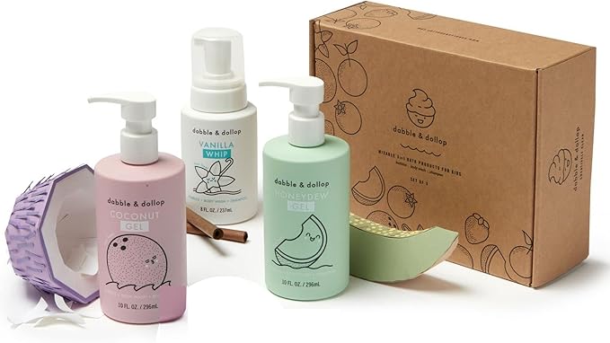 Dabble & Dollop Beachy Bundle, Natural Bubble Bath, Body Wash, Shampoo for Kids, USA-Made, Paraben & Sulfate Free, Vegan, Gluten-Free, Tear-Free, Honeydew Melon, Vanilla & Coconut (Set of 3)-CubbioJoy