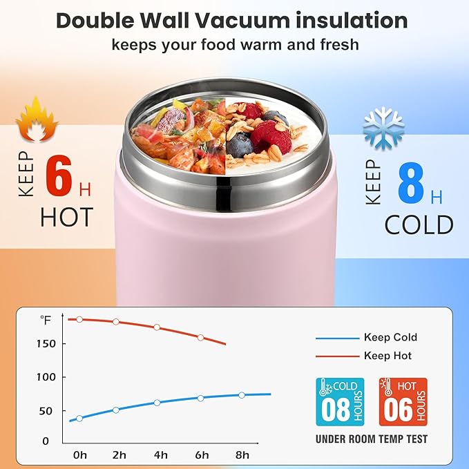 17oz Soup Thermo for Hot Food Kids,Insulated Food Jar with Spoon,Thermo Hot Food Lunch Container,Wide Mouth Leakproof Stainless Steel Lunch Box for School-Pink-CubbioJoy