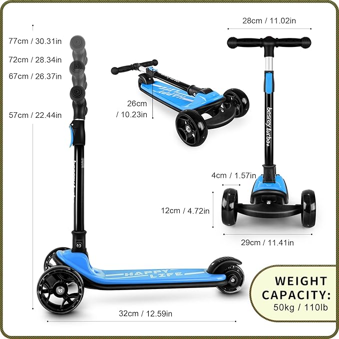 Besrey Kick Scooter for Kids Ages 3-10, 3-Wheel Folding Scooter with Adjustable Height, LED Light Wheels, Extra Wide Deck for Outdoor Activities-CubbioJoy