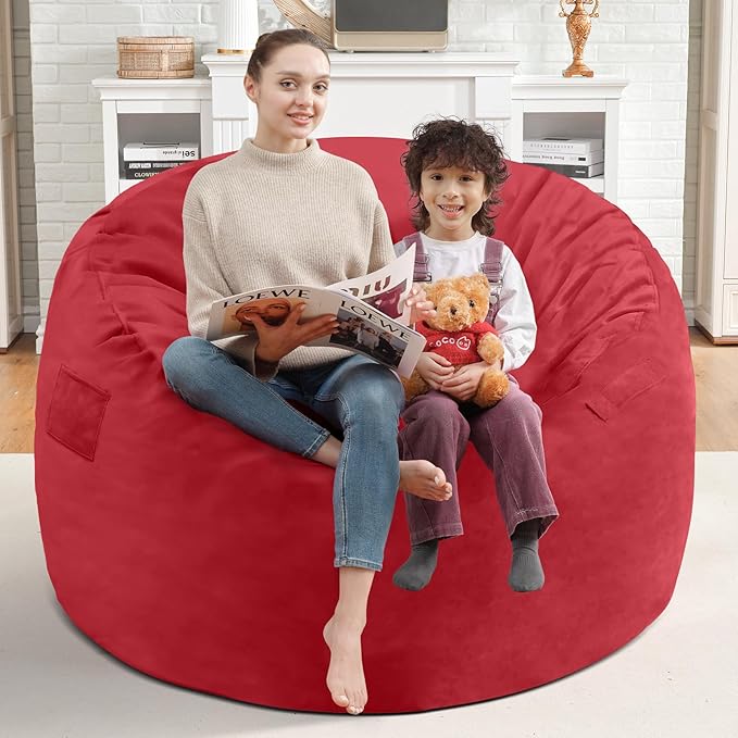 3FT Bean Bag Chair, Comfy Bean Bag Chairs with Memory Foam Filled, Fluffy Beanbag Sofa with Dutch Velvet Cover, Round BeanBag Chairs for Living Room, Playroom - Red-CubbioJoy