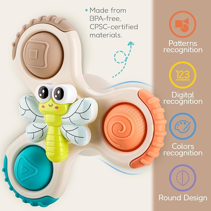 ALASOU 3PCS Pop Suction Cup Spinner Toys for 1 Year Old Boy Girl|Novelty Spinning Tops Toddler Toys Age 1-2|Sensory Baby Bath Toy for Toddlers 1-3|12 18 Months Boy Birthday Gift for Infant-CubbioJoy