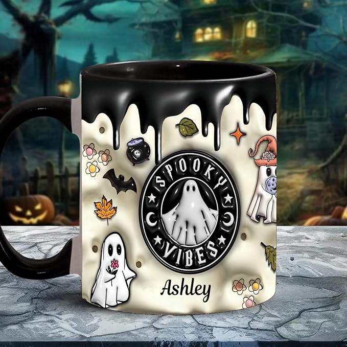 Custom Halloween Coffee Mug with Names, Pumpkin Coffee Cup, Personalized Ghost Ceramic Coffee Mug, Spooky Vibes Trick Or Treat Halloween Accent Mug, Spooky Season Gift for Women Men 11 Oz-CubbioJoy