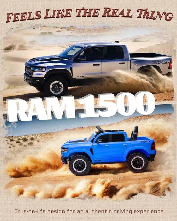 12V Kids Electric Vehicles, Licensed Ram 1500 RHO Kids Ride on Truck with Remote Control, Ride on Car for Children with Smooth Start, Truck Bed Storage, Bluetooth, Aux Port (Blue)-CubbioJoy