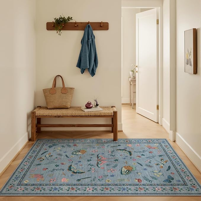 3x5 Washabl Rug with Insect Print - Bug Rug Non-Shedding Stain Resistant Soft Small Carpet for Bedroom, Low Pile Ultra-Thin Machine Washable Carpet for Nursery,Entrance, Office (3'x5' Blue)-CubbioJoy