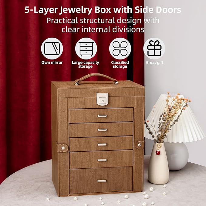 6 Tier Jewelry Box, Jewelry Case with 5 Drawers, Large Storage Capacity, with Mirror, Lockable, Jewelry Storage Organizer, Gift for Loved Ones-CubbioJoy