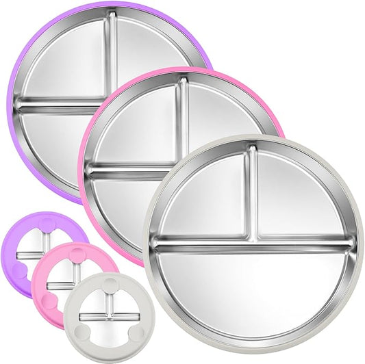 3-Pack Stainless Steel Baby Plates with Suction, BPA-Free Stainless Steel Kids Plates, 9" Divided Toddler Plate for Dishwasher Safe, Non-Slip Silicone Base, Detachable (Pink, Gray, Purple)-CubbioJoy